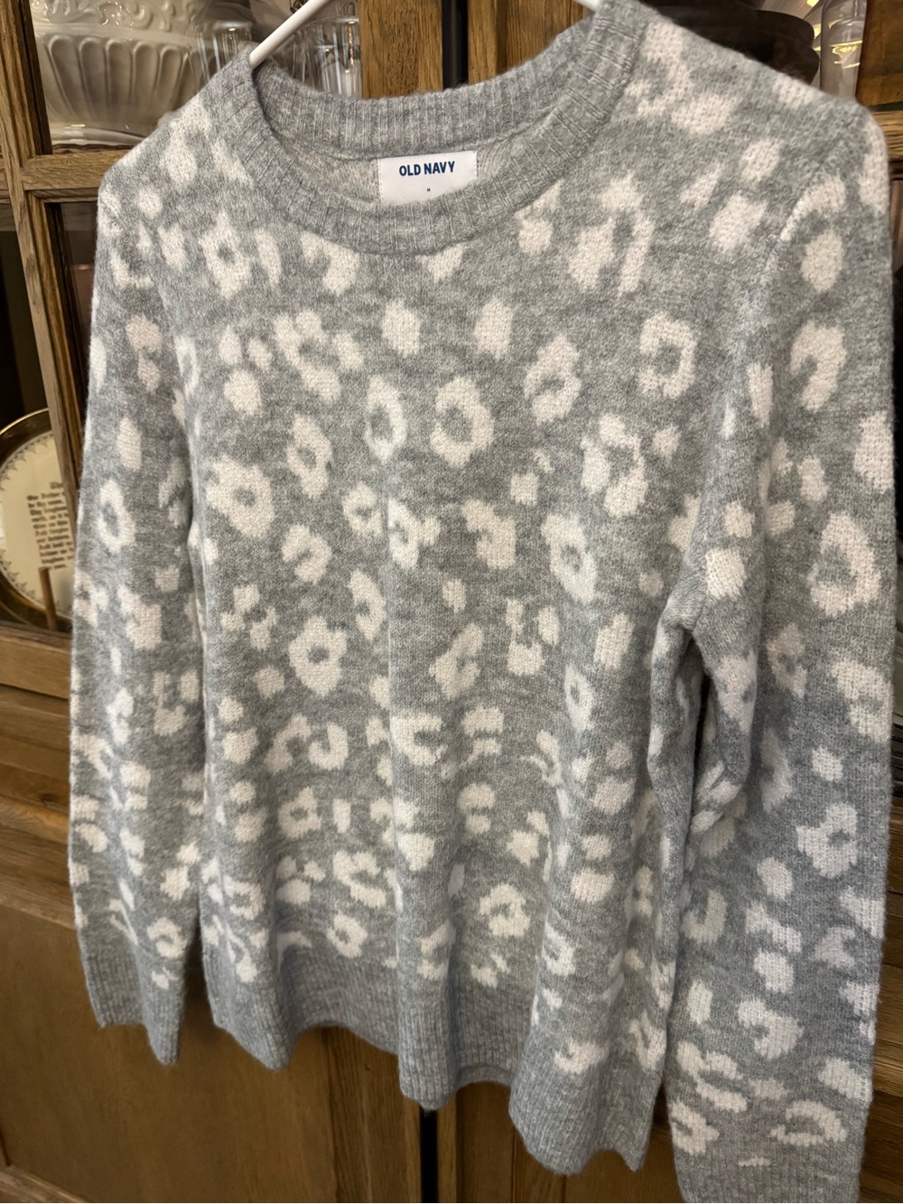 Old Navy Gray and Cream Leopard Crewneck Sweater